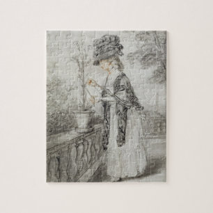 Puzzle Madame sur une terrasse tendant une usine