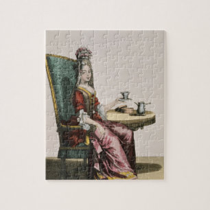 Puzzle Madame Taking Coffee, plat de mode, c.1695
