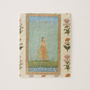 Puzzle Madame tenant une fleur, se tenant prêt un étang