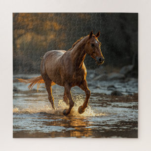 Puzzle Magnifique cheval brun galopant dans l'eau à Go