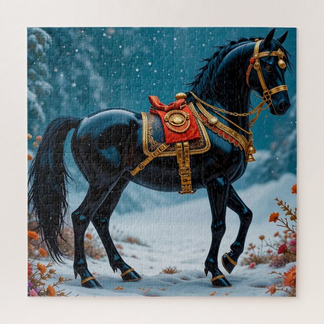 Puzzle Magnifique cheval noir orné de harnais doré (Vertical)
