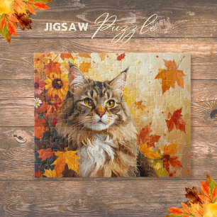 Puzzle Magnifique Maine Coon avec feuilles d'automne et t