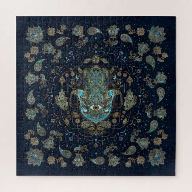 Puzzle Main de Hamsa - Main de Fatima Blue Gemstones (Vertical)