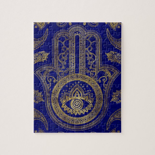 Puzzle Main de Hamsa - or sur la lazulite de lapis (Vertical)