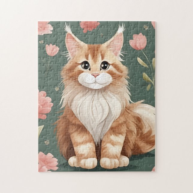 Puzzle Maine Coon Art avec fleurs roses (Vertical)