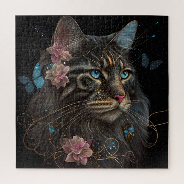 Puzzle Maine Coon chat avec papillon et fleurs IA art (Vertical)