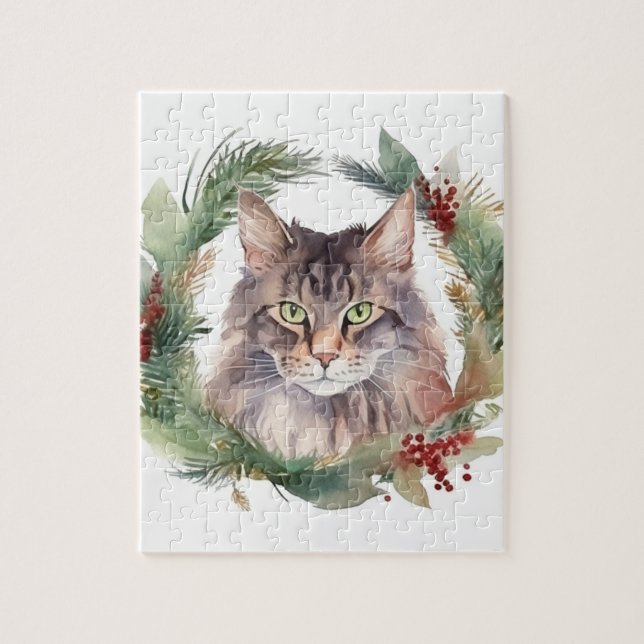 Puzzle Maine Coon Chat Noël Wreath Festive Kitten (Vertical)