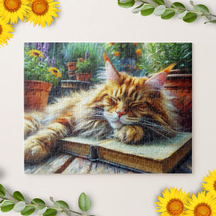 Puzzle Maine Coon Orange Chat Dormir dans un jardin