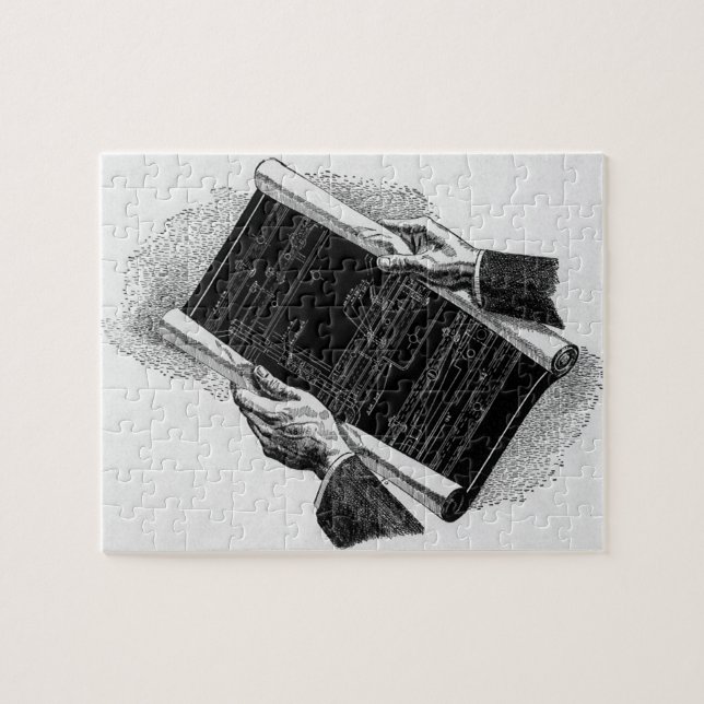 Puzzle Mains avec plans architecturaux bleus, entreprise  (Horizontal)