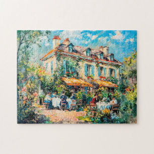 Puzzle Maison avec tables de jardin et personnes