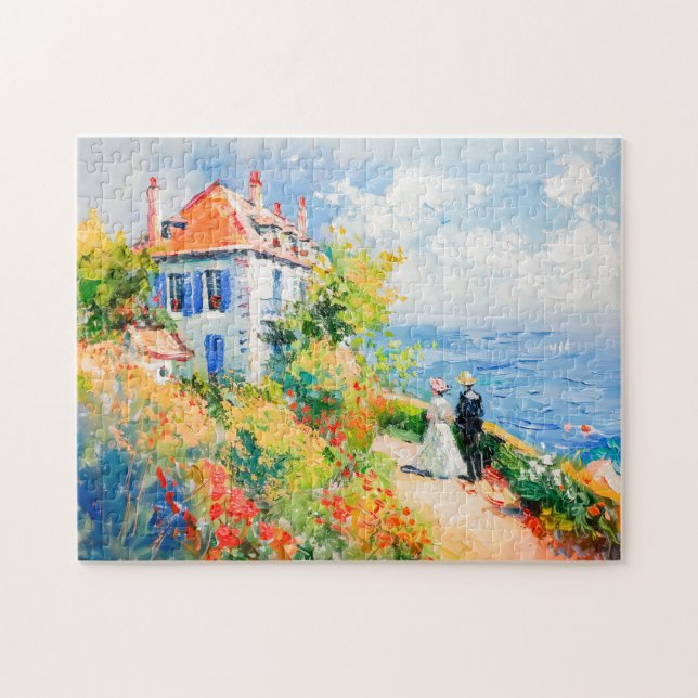 Puzzle Maison côtière avec fleurs Impressionniste paysage (Horizontal)