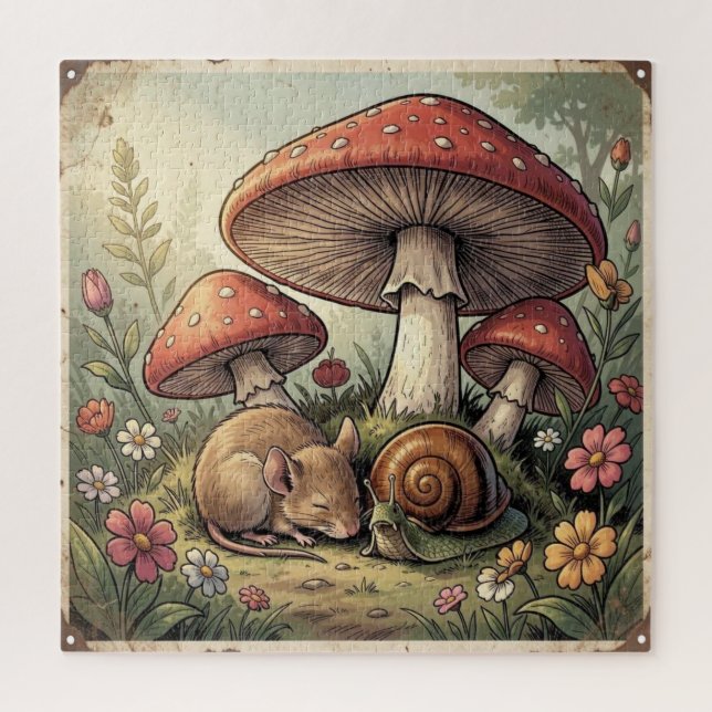 Puzzle Maison de Campagne Rétro Champignons et Faune (Vertical)