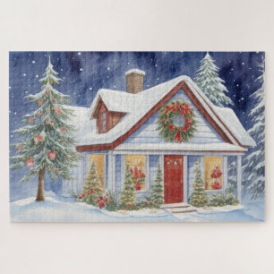 Puzzle Maison de Noël Neige Peinture d'hiver Aquarelle