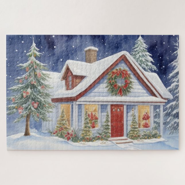 Puzzle Maison de Noël Neige Peinture d'hiver Aquarelle (Horizontal)