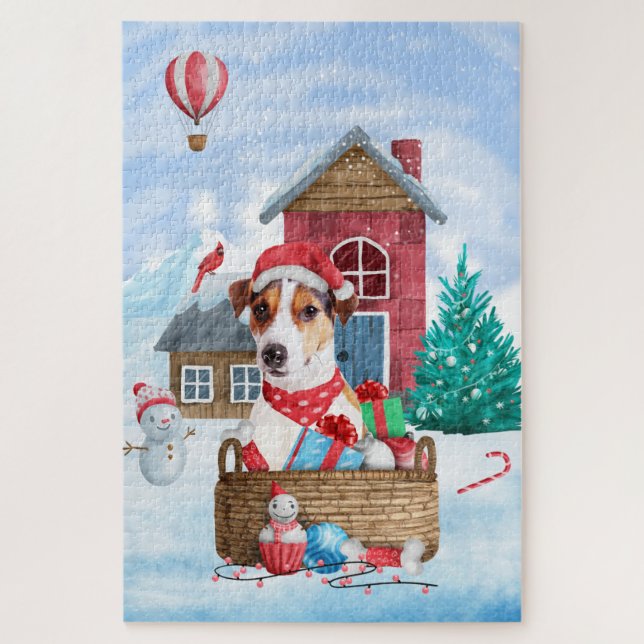 Puzzle Maison de Noël pour chien Jack Russell dans la nei (Vertical)