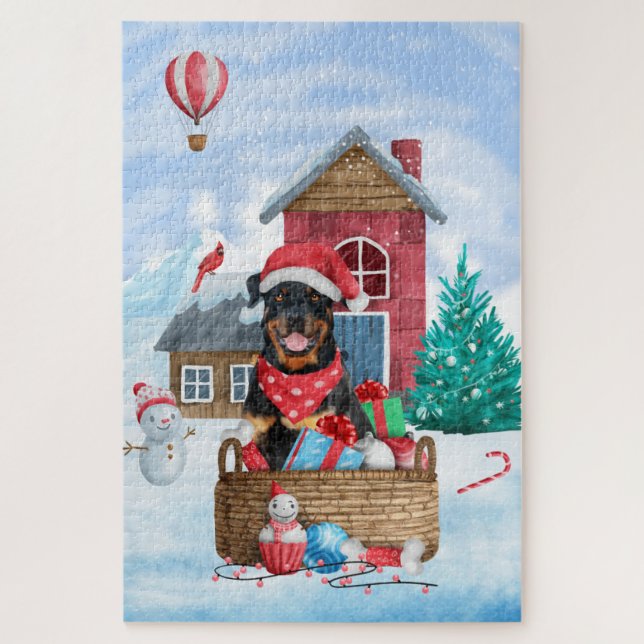 Puzzle Maison de Noël pour chien Rottweiler dans la neige (Vertical)
