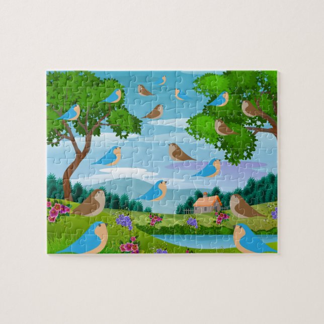 Puzzle Maison de paysage Arbres Oiseaux Fleurs Nature, Âg (Horizontal)
