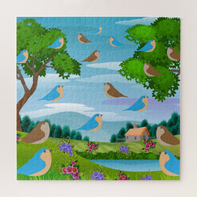 Puzzle Maison de paysage Arbres Oiseaux Fleurs Nature, Âg (Horizontal)