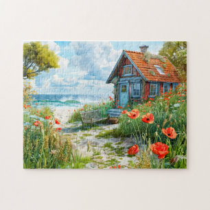 Puzzle Maison de plage avec dunes et coquelicots