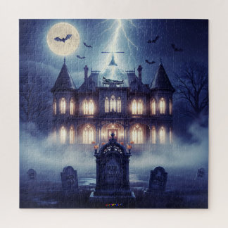 Puzzle Maison d'Halloween avec Frankie, bleu foncé