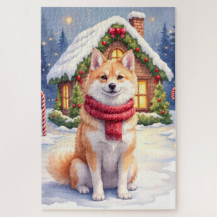 Puzzle Maison en pain d'épices Akita aquarelle Noël