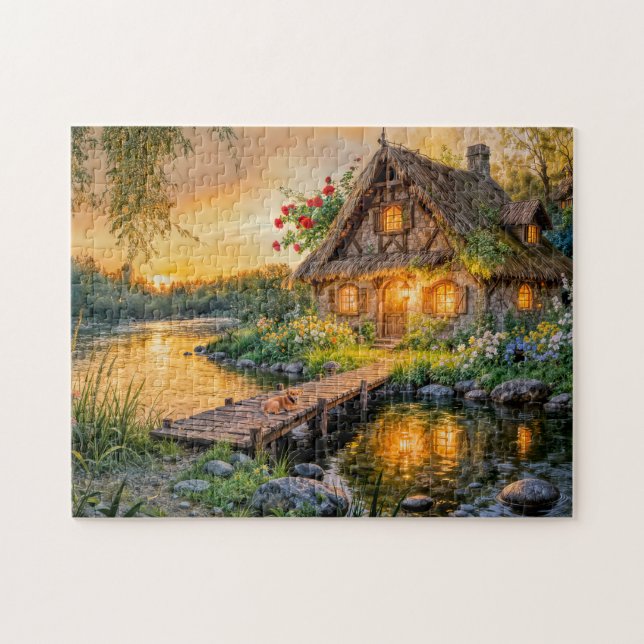 Puzzle Maisonnette au bord de la rivière au coucher du so (Horizontal)