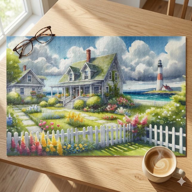 Puzzle Maisonnette avec vue sur le phare (Cottage With View Of The Lighthouse Jigsaw Puzzle On Wood Table)