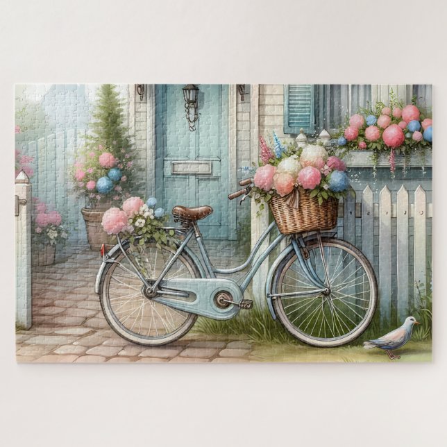 Puzzle Maisonnette Bleue avec Vélo et Panier de Fleurs Pr (Horizontal)