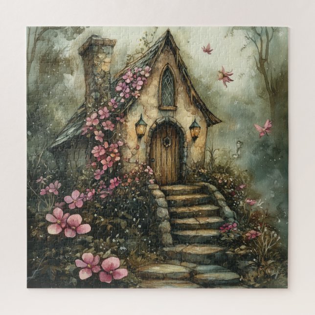 Puzzle Maisonnette de conte de fées avec fleurs roses (Vertical)