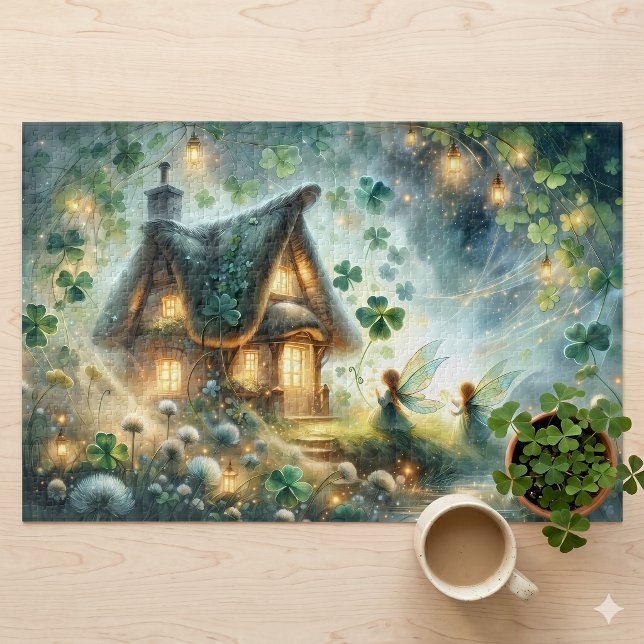 Puzzle Maisonnette lumineuse de la fée Shamrock (Shamrock Fairy Cottage Glow Jigsaw Puzzle)