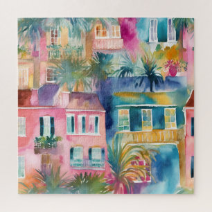 Puzzle Maisons aquarelles rose sarcelle jaune Palmiers