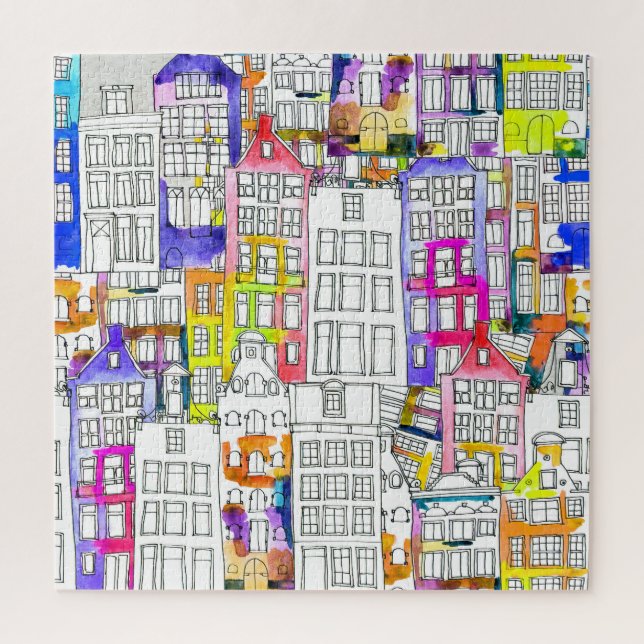 Puzzle Maisons d'Amsterdam : Aquarelle Motif sans couture (Vertical)
