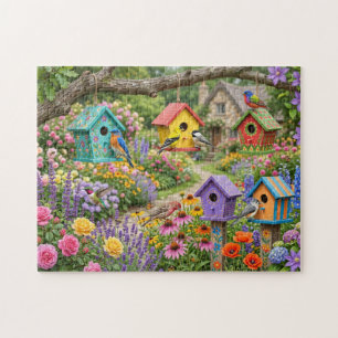 Puzzle Maisons d'oiseaux, oiseaux vifs et fleurs épanouie