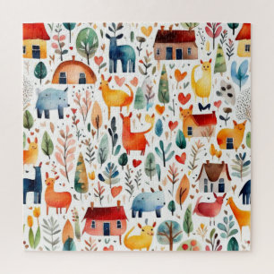 Puzzle Maisons rouges et feuille de papier mignon