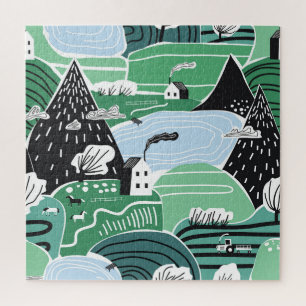 Puzzle Maisons scandinaves, arbres, montagnes illustratio