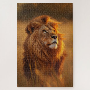 Puzzle majestueux du lion doré au coucher du solei