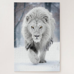 Puzzle Majestueux Lion Blanc dans un Décor de Paysage Hiv