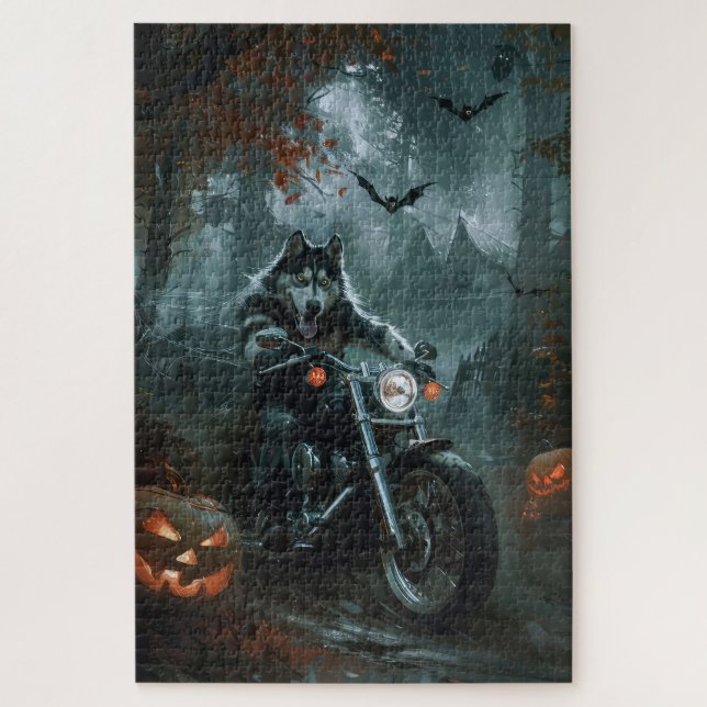 Puzzle Malamute d'Alaska à moto Halloween effrayant (Vertical)