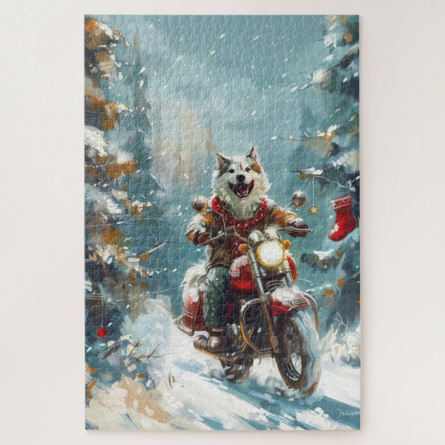 Puzzle Malamute d'Alaska à moto Noël  (Vertical)