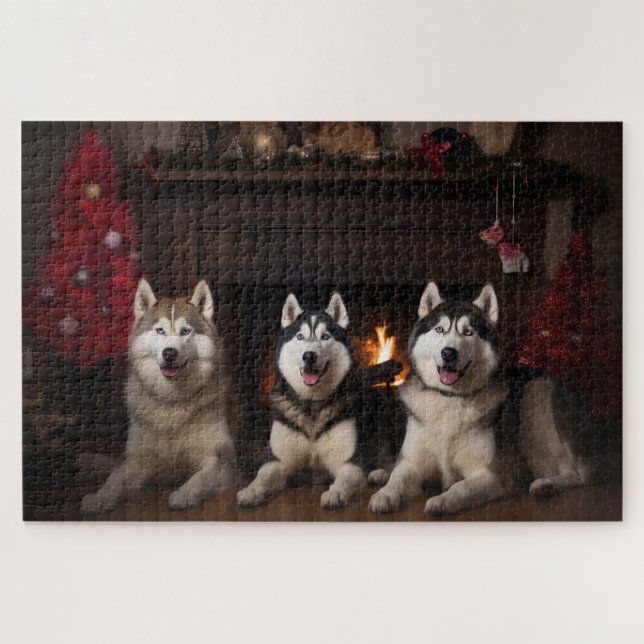 Puzzle Malamute d'Alaska au coin de la cheminée Noël (Horizontal)