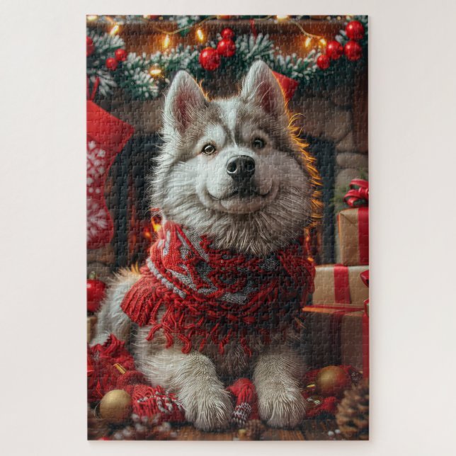 Puzzle Malamute d'Alaska avec cadeaux de Noël cheminée (Vertical)