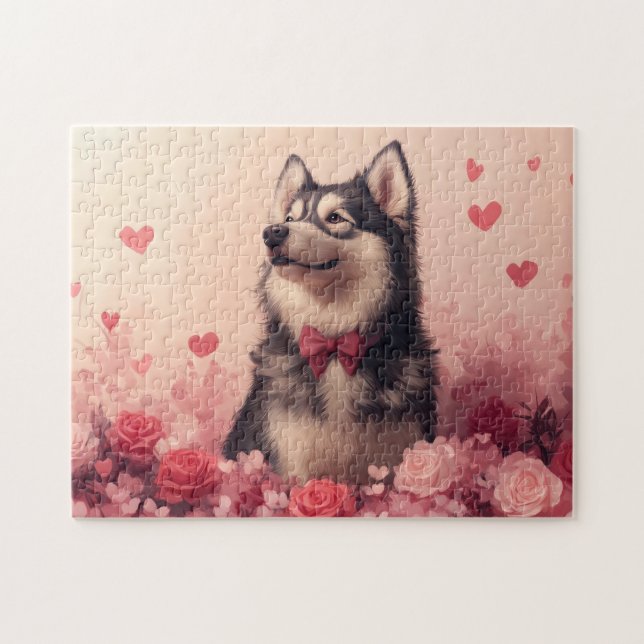Puzzle Malamute d'Alaska avec des roses - Saint-Valentin  (Horizontal)