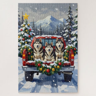 Puzzle Malamute d'Alaska camion rouge de Noël vacances