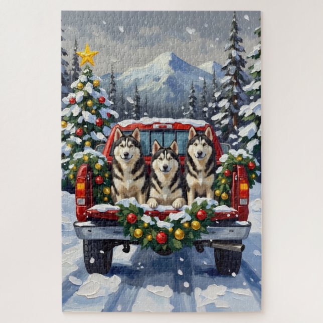 Puzzle Malamute d'Alaska camion rouge de Noël vacances (Vertical)