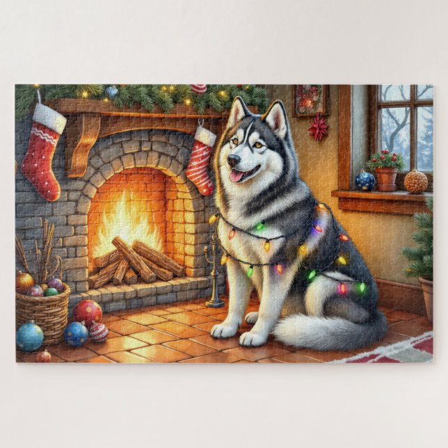 Puzzle Malamute d'Alaska cheminée avec lumières de Noël (Horizontal)