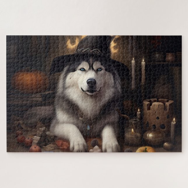 Puzzle Malamute d'Alaska Citrouilles Halloween Épouvantab (Horizontal)