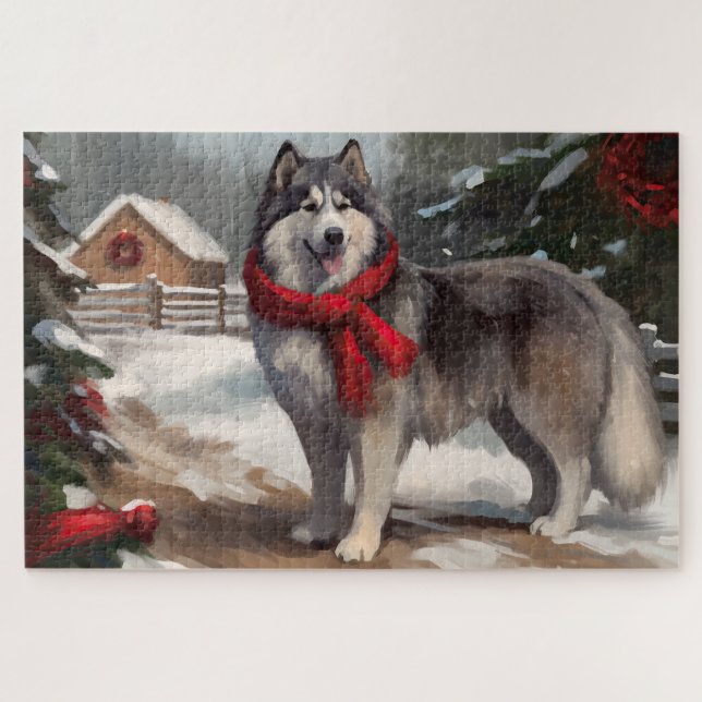 Puzzle Malamute d'Alaska dans la neige Noël (Horizontal)