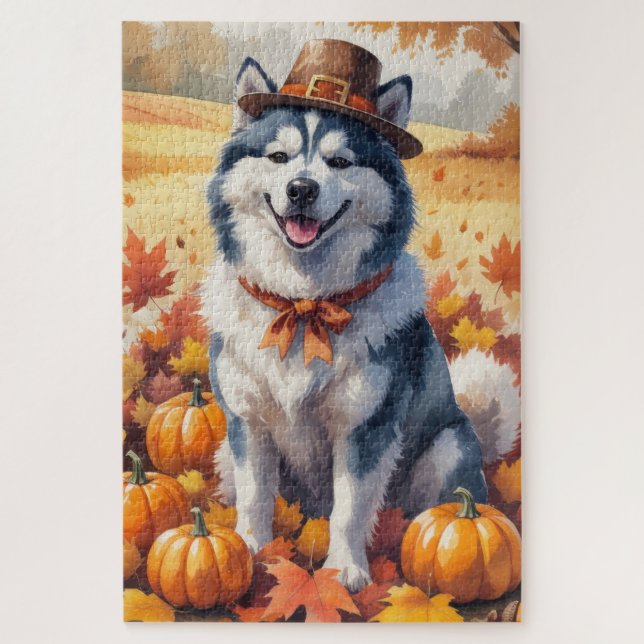 Puzzle Malamute d'Alaska dans les feuilles d'automne Art  (Vertical)