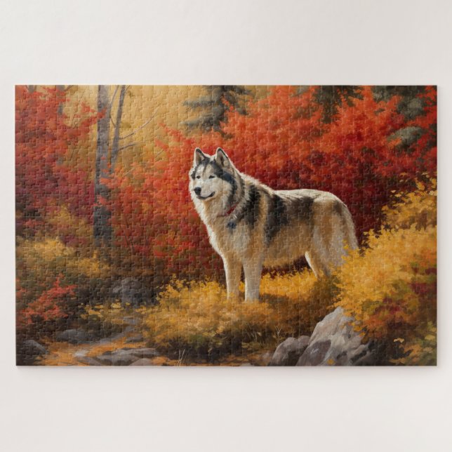 Puzzle Malamute d'Alaska dans les feuilles d'automne qui  (Horizontal)