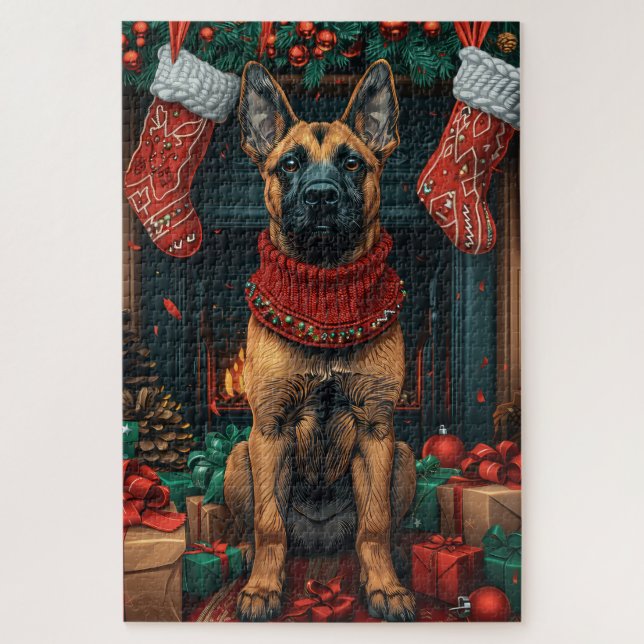Puzzle Malinois belge avec des cadeaux de Noël Cheminée  (Vertical)